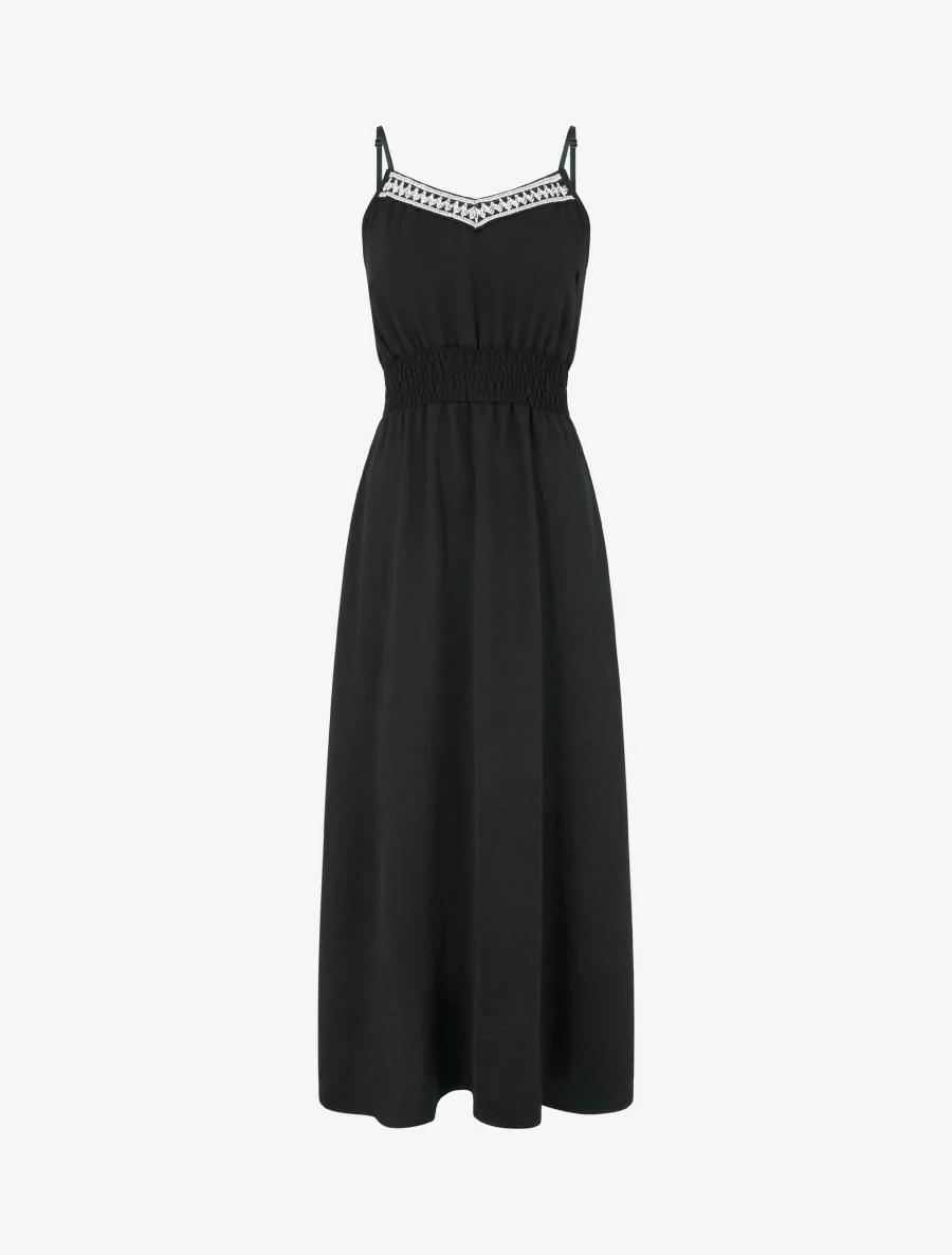 Lange effen jurk met elastische taille - Zwart