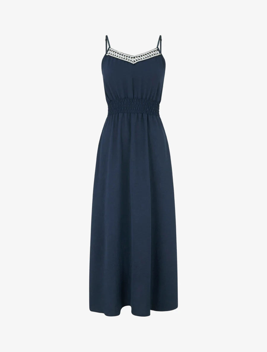 Lange effen jurk met elastische taille - Marine