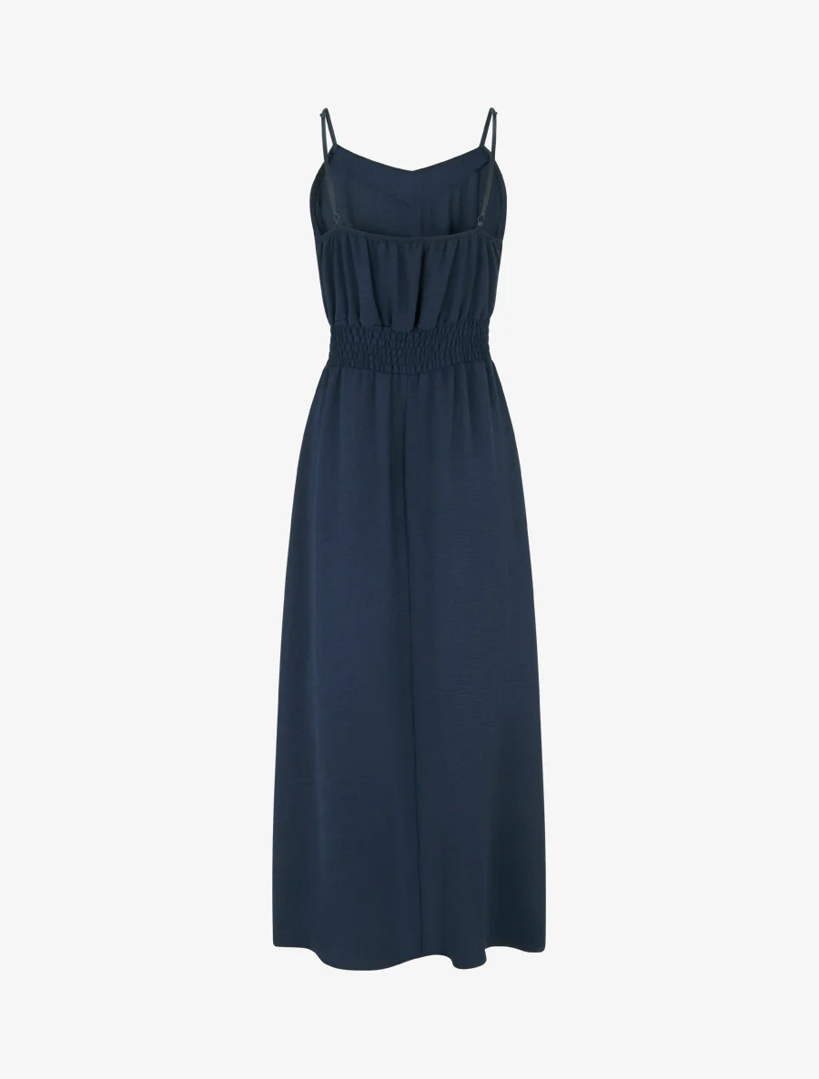 Lange effen jurk met elastische taille - Marine - Image 2