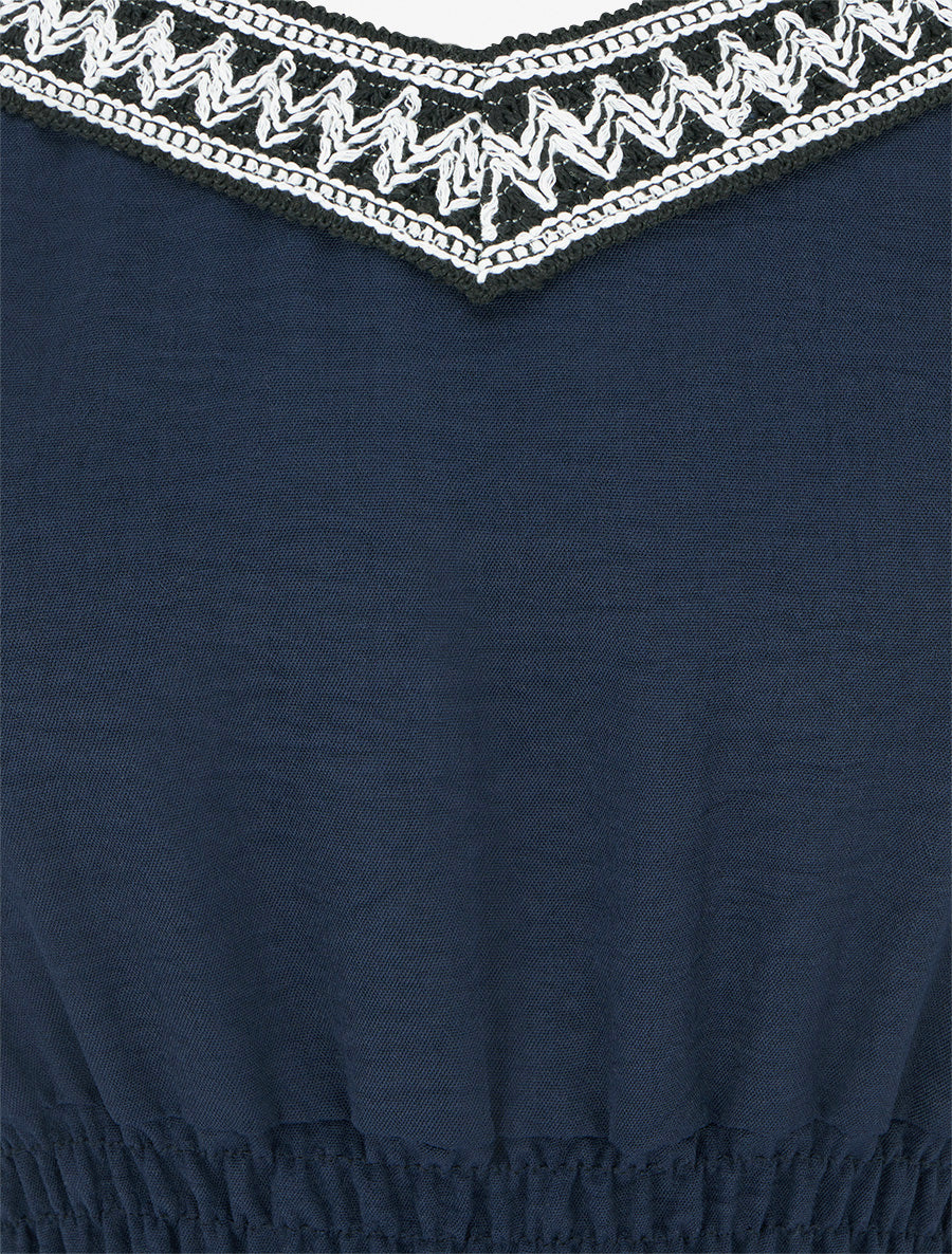 Lange effen jurk met elastische taille - Marine - Image 3