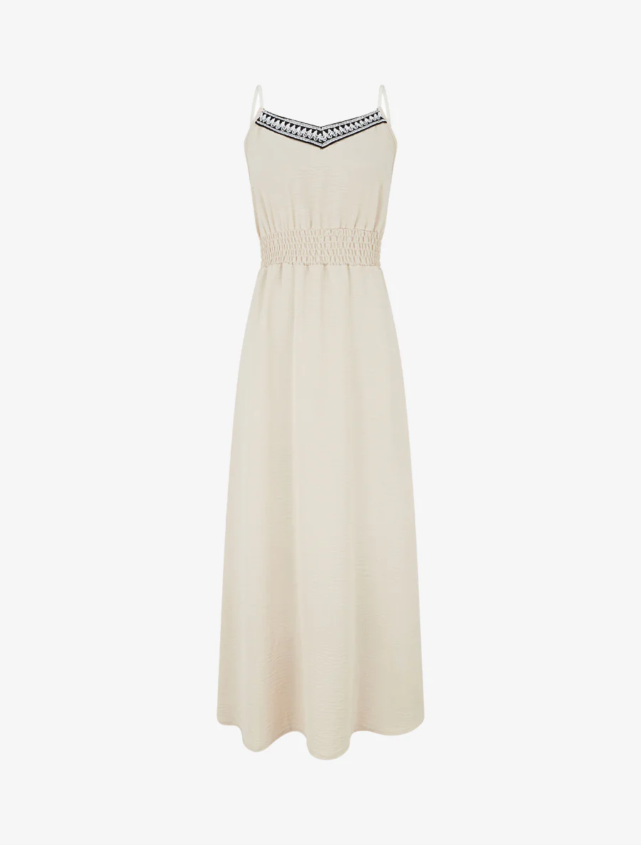 Lange effen jurk met elastische taille - Beige