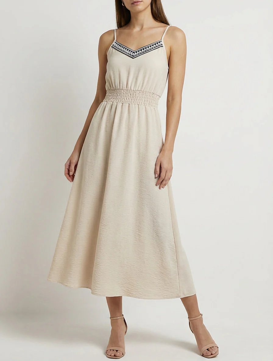 Lange effen jurk met elastische taille - Beige - Image 4