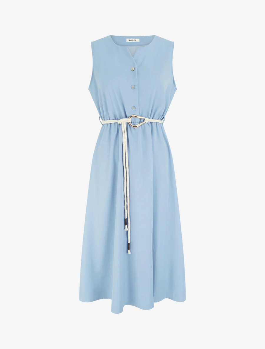 Lange effen jurk met elastische taille - Lichtblauw
