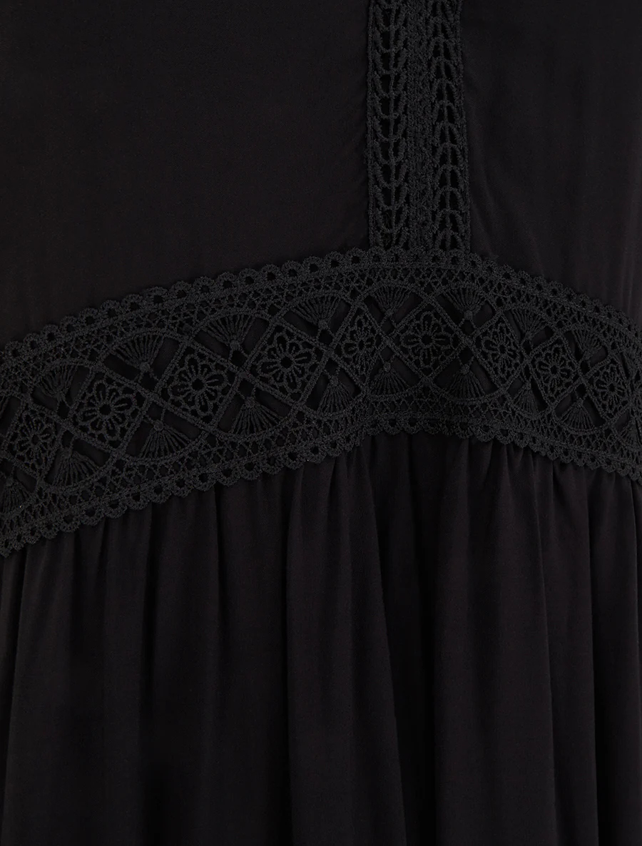 Lange effen jurk met kanten taille - Zwart - Image 3