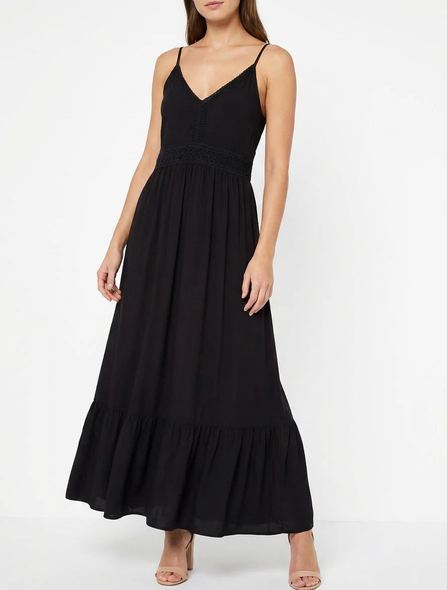Lange effen jurk met kanten taille - Zwart - Image 4