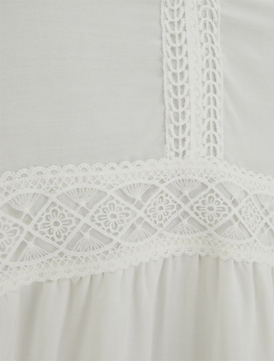 Lange effen jurk met kanten taille - Wit - Image 3