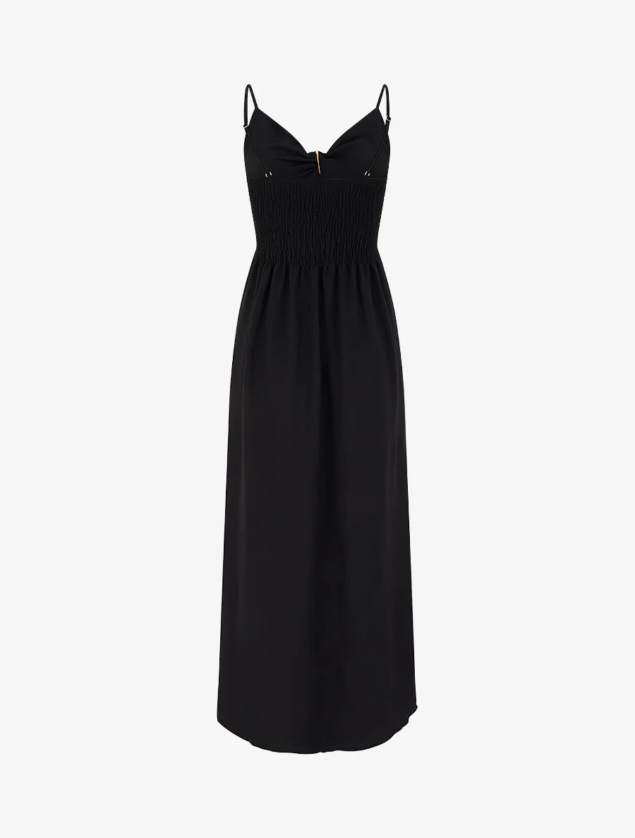 Lange effen jurk met V-hals en sieraden. - Zwart - Image 2