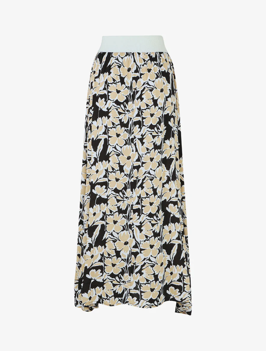 Lange elastische rok bloemenprint - zwart - Image 2