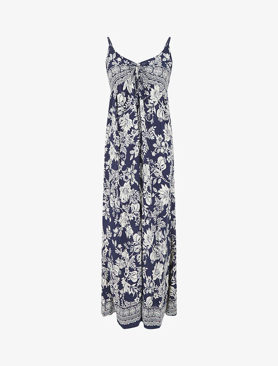 Lange empire jurk met bandjes met bloemenprint - Donkerblauw