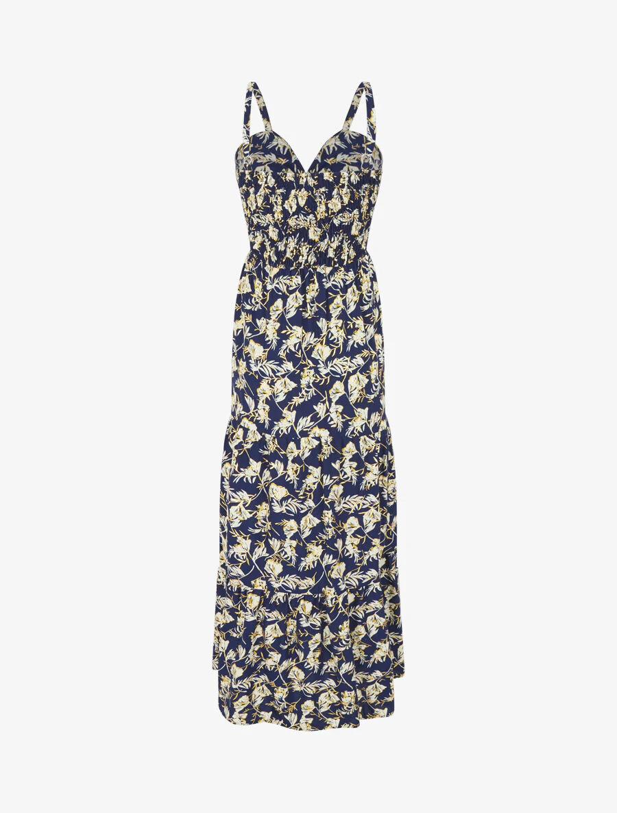 Lange uitlopende jurk met iriserende bloemenprint en bandjes - Marineblauw - Image 2
