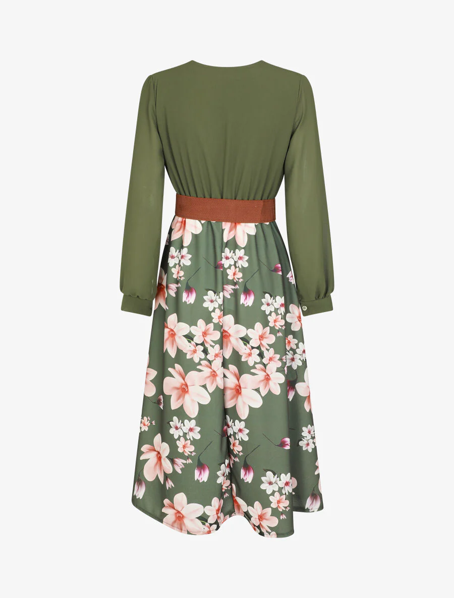 Lange gebloemde jurk met wikkelhals - Khaki - Image 2