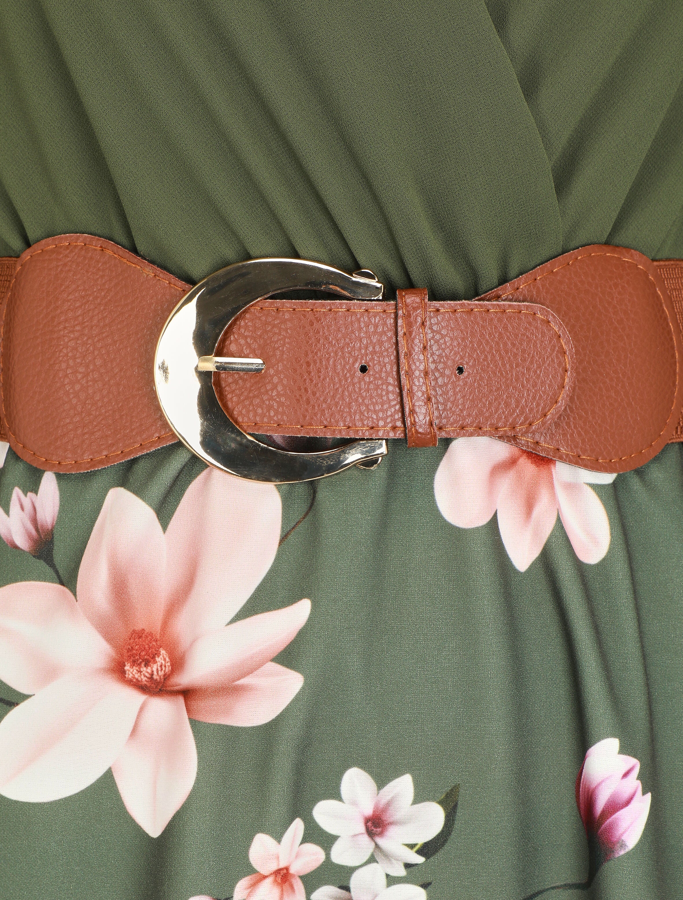 Lange gebloemde jurk met wikkelhals - Khaki - Image 3