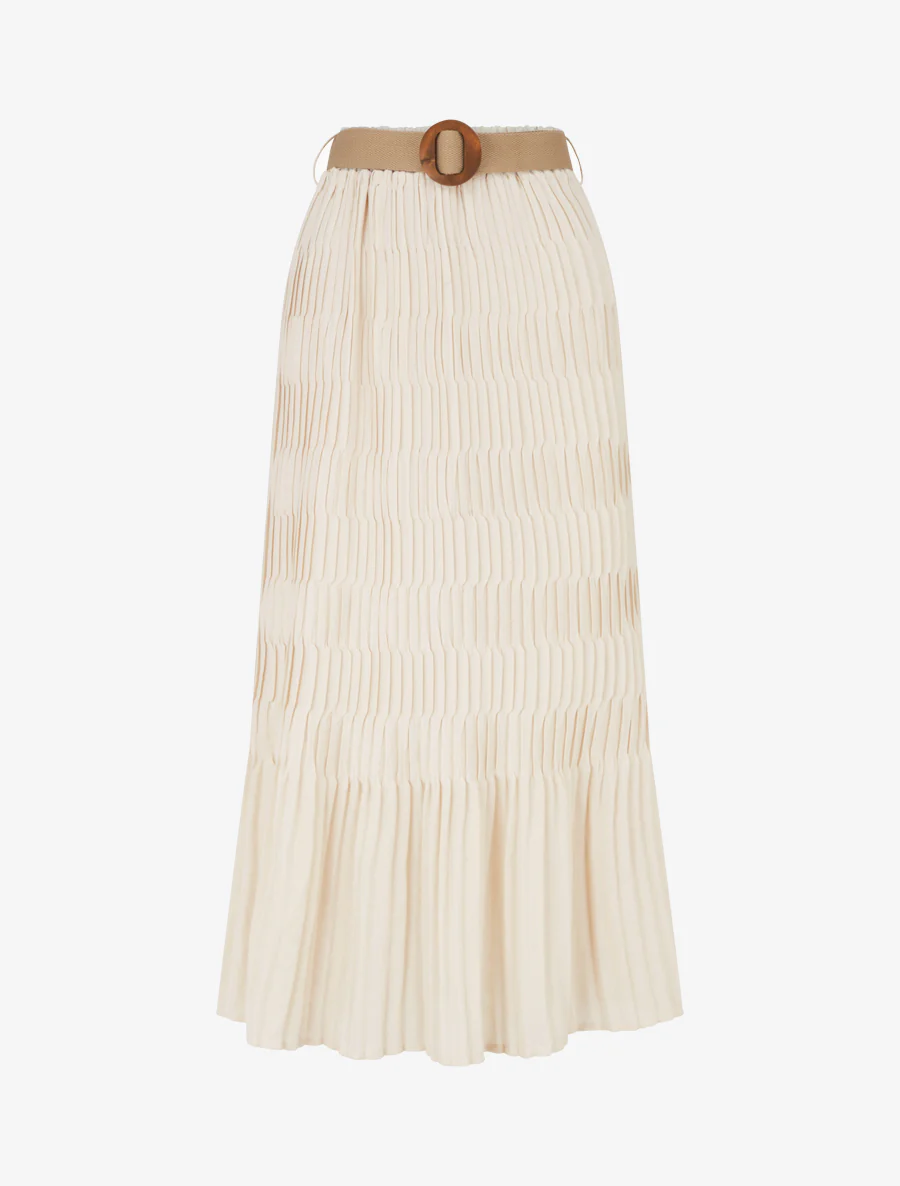 Lange geplooide rok met elastische tailleband - Beige