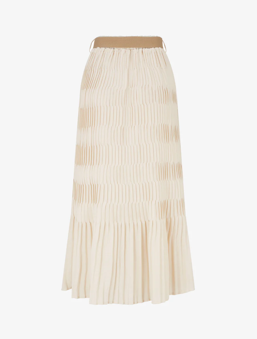 Lange geplooide rok met elastische tailleband - Beige - Image 2