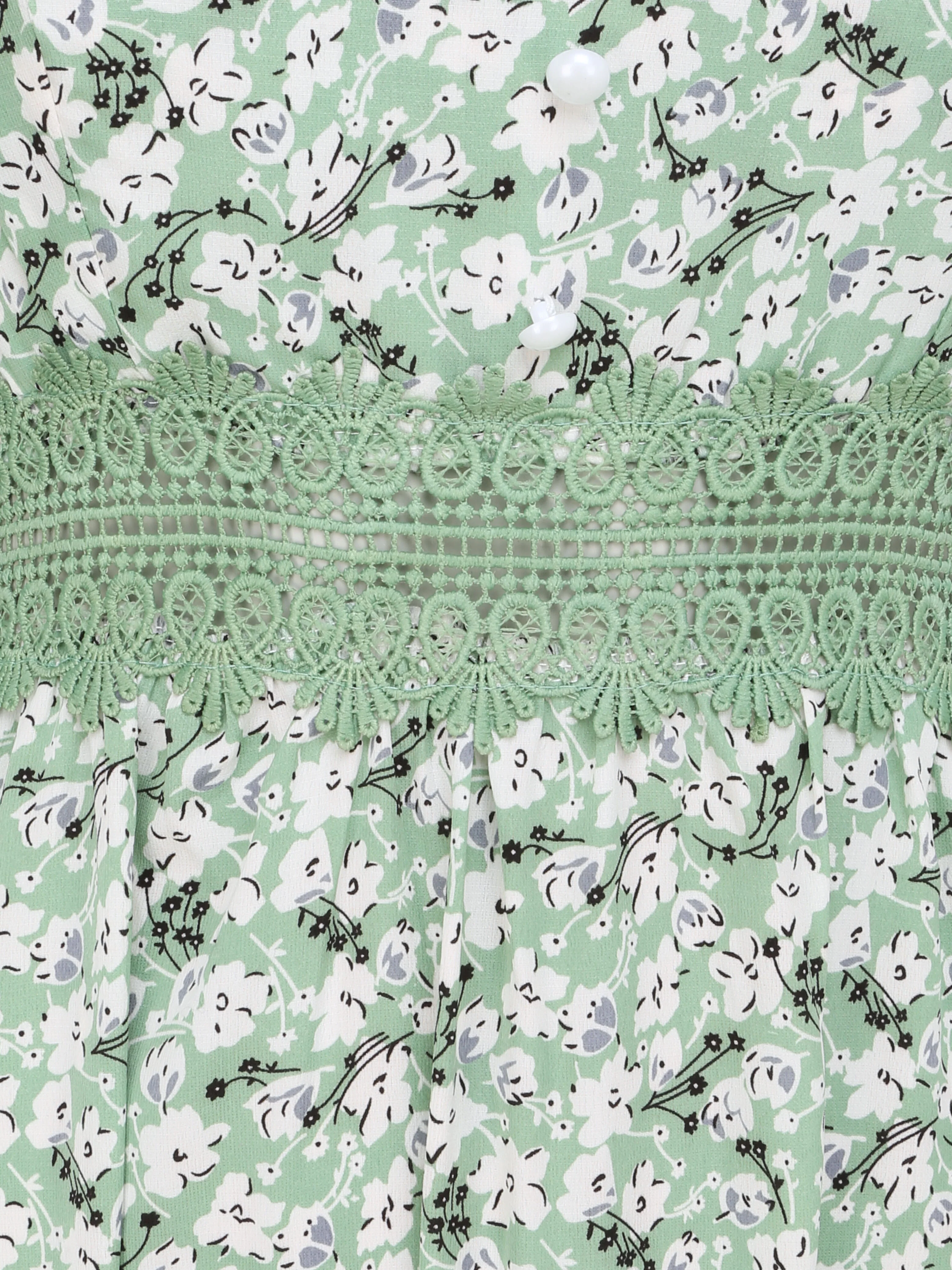 Lange geprinte jurk met kleine bloemen en decoratieve knoppen - Groen - Image 3