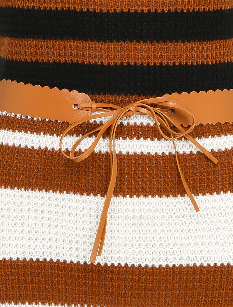 Gestreepte lange trui met contrasterende riem - Camel - Image 3
