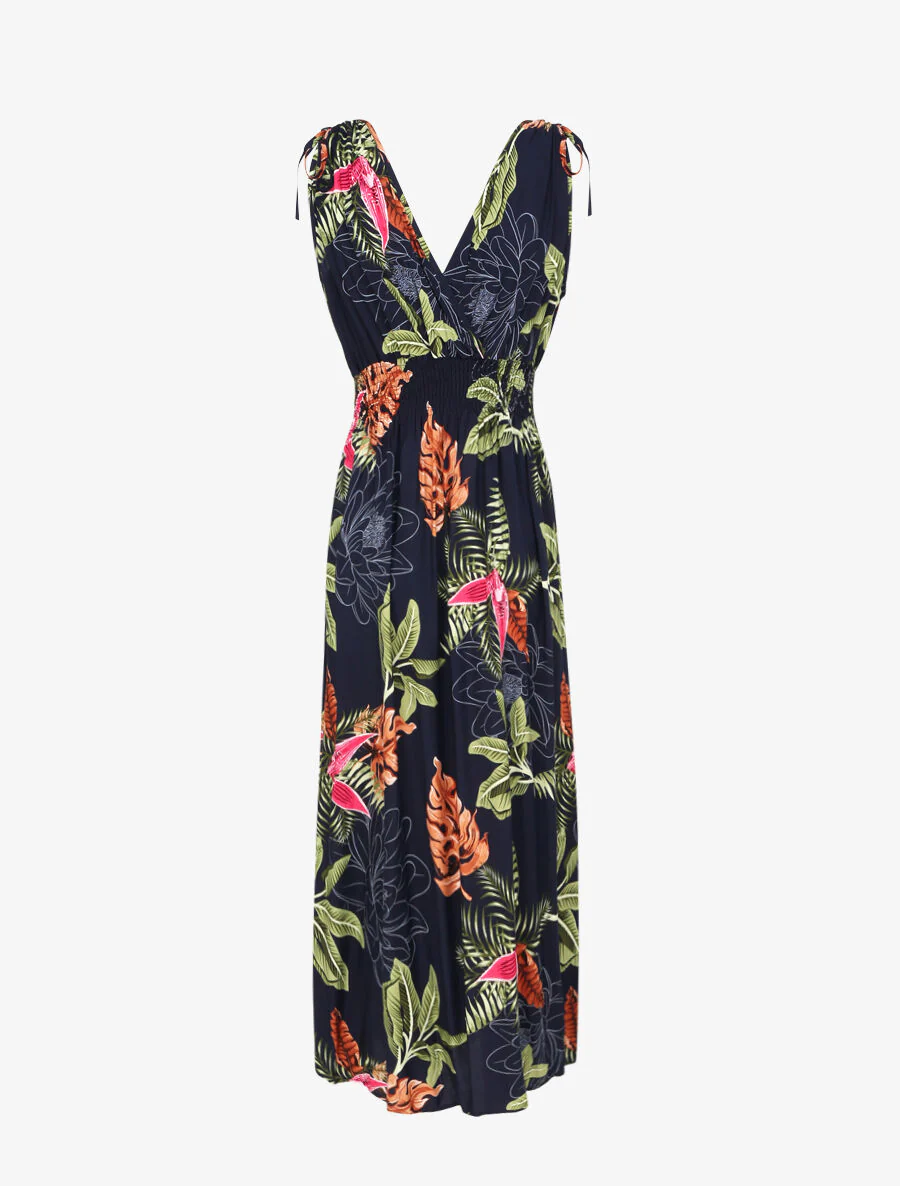 Lange getailleerde jurk met grote tropische bloemenprint - Marine - Image 2