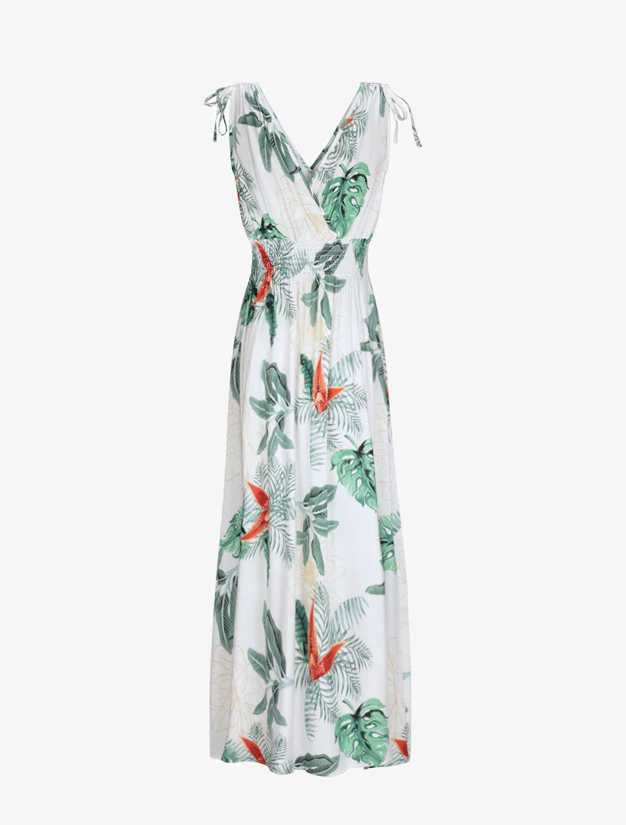 Lange getailleerde jurk met grote tropische bloemenprint - Wit - Image 2