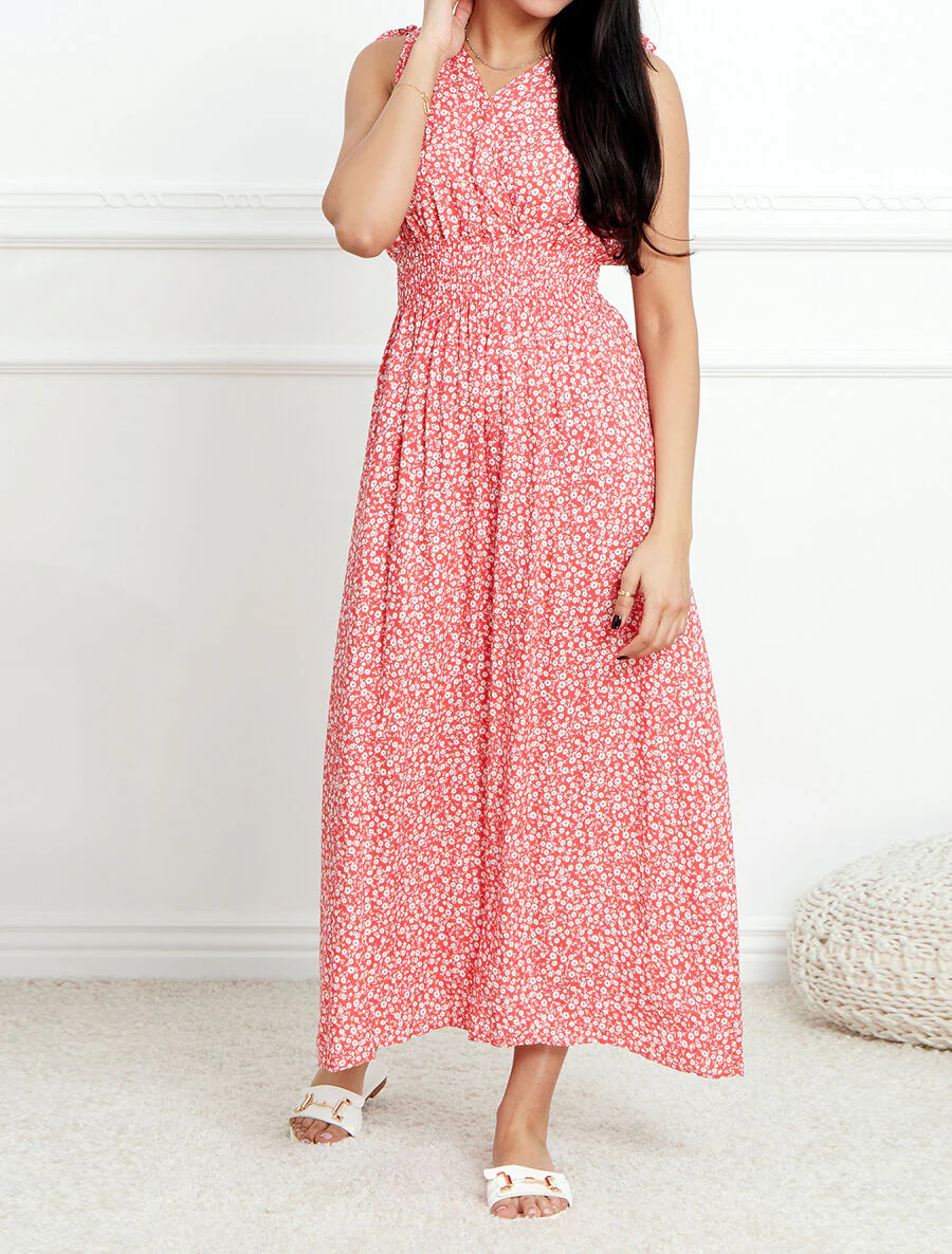 Lange getailleerde jurk met kleine bloemenprint - Rood - Image 4