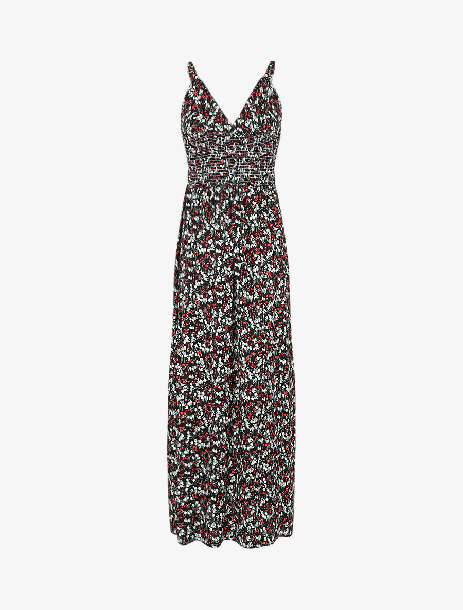 Getailleerde lange jurk met kleine lentebloemenprint - Zwart - Image 2