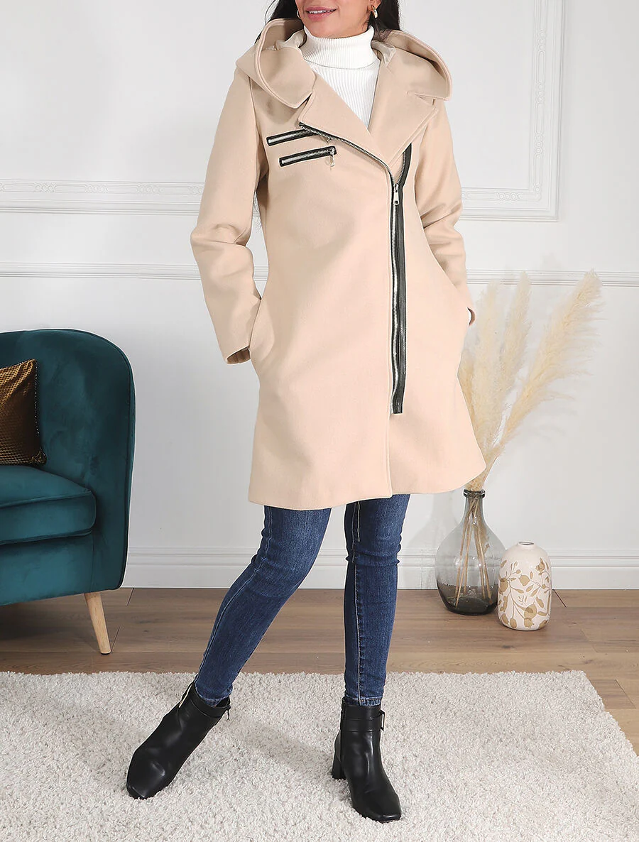 Lange jas met capuchon en ritssluiting - Beige - Image 4