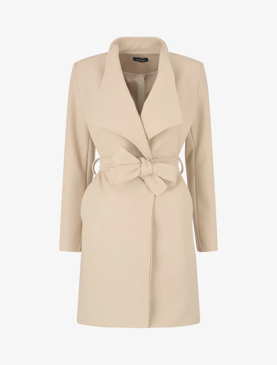 Lange jas met riem en opstaande kraag - Beige