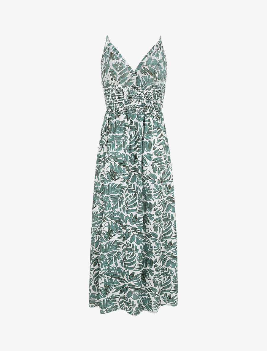 Lange empire jurk met bladerenprint en bandjes - Groen - Image 2