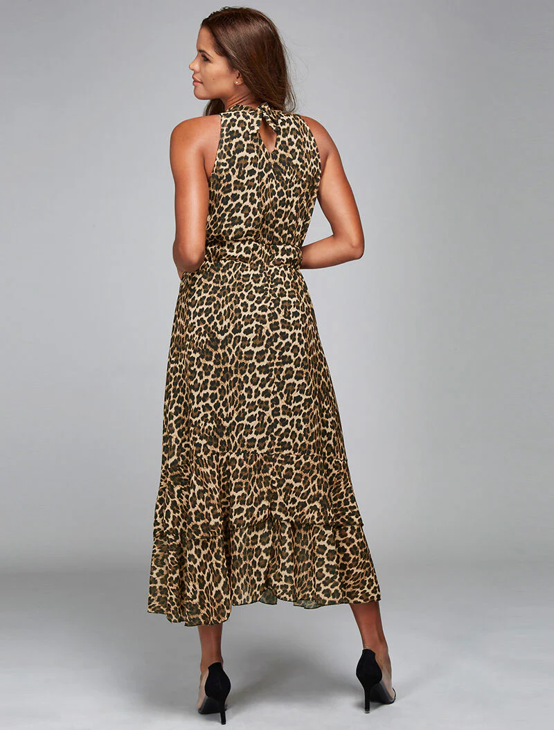 Lange jurk met luipaardprint en halternek - beige - Image 3