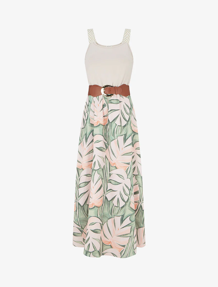 Lange jurk met bladeraandruk. - Beige