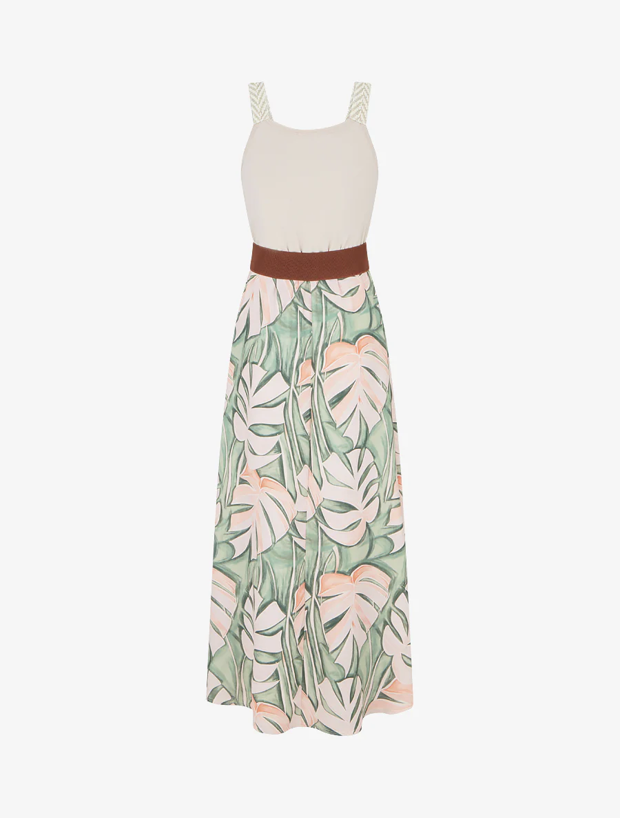 Lange jurk met bladeraandruk. - Beige - Image 2