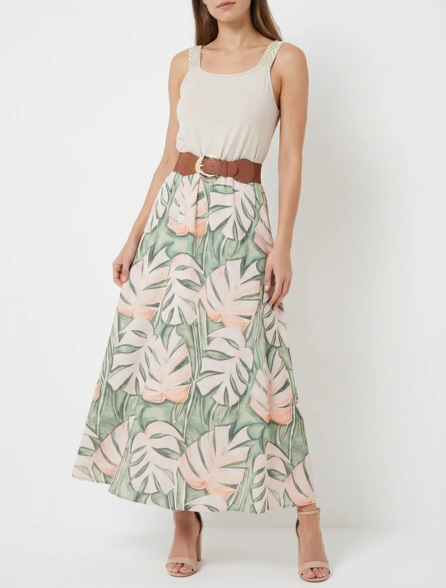Lange jurk met bladeraandruk. - Beige - Image 4