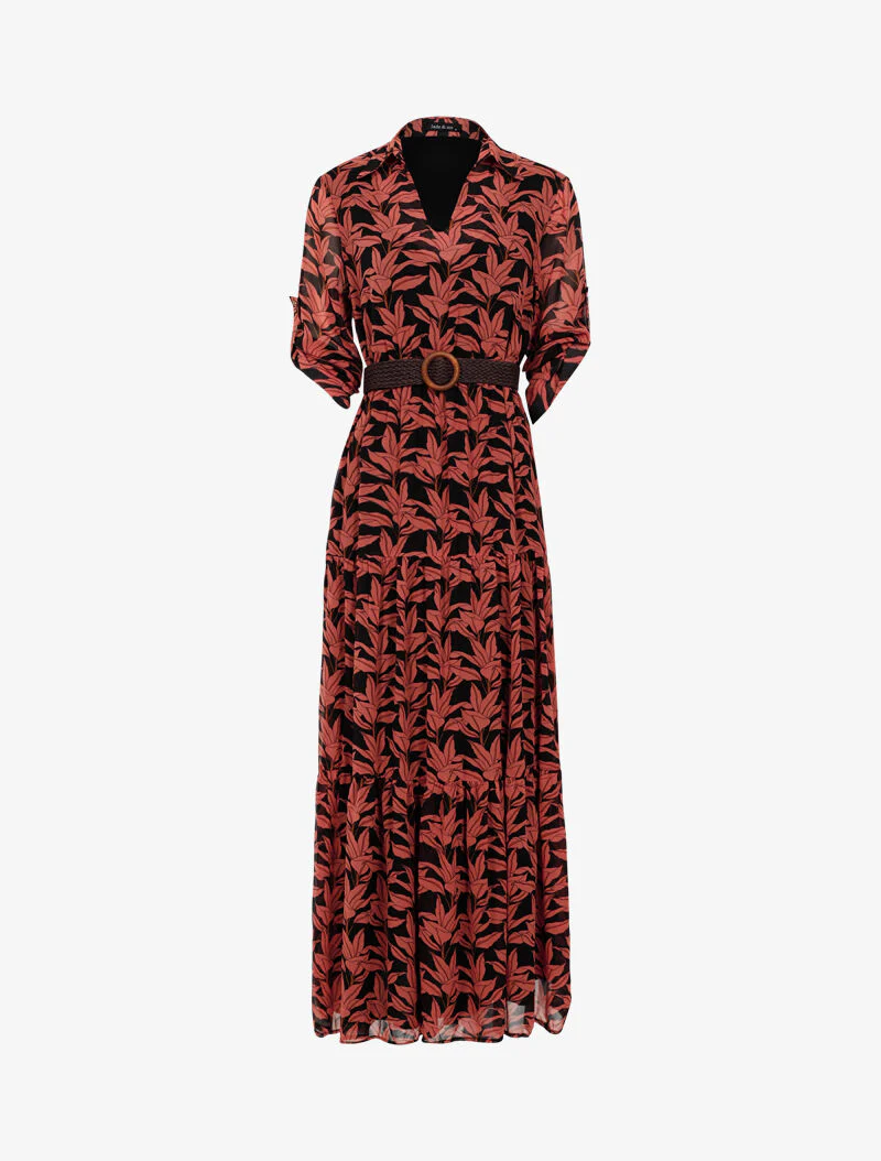 Lange jurk met bladenprint - zwart