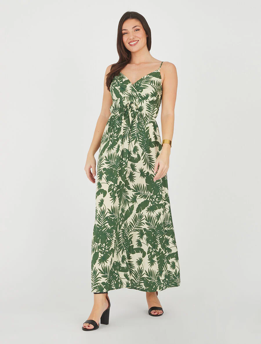 Lange jurk met bladerenprint - Beige - Image 4