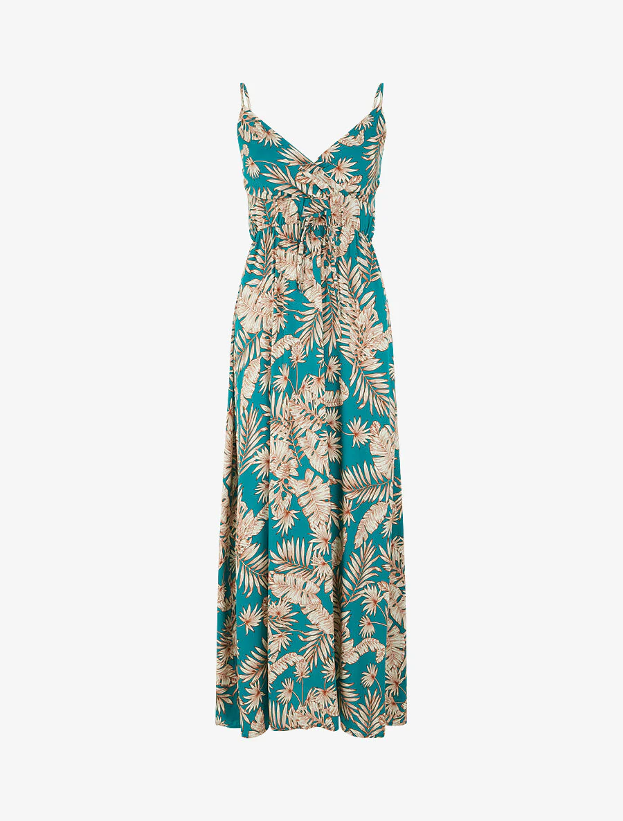 Lange jurk met bladerenprint - Blauwgroen - Image 8
