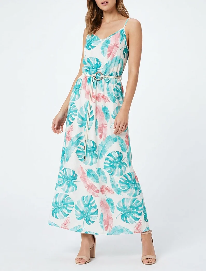 Lange jurk met bladprint en elastische taille - Turkoois - Image 4