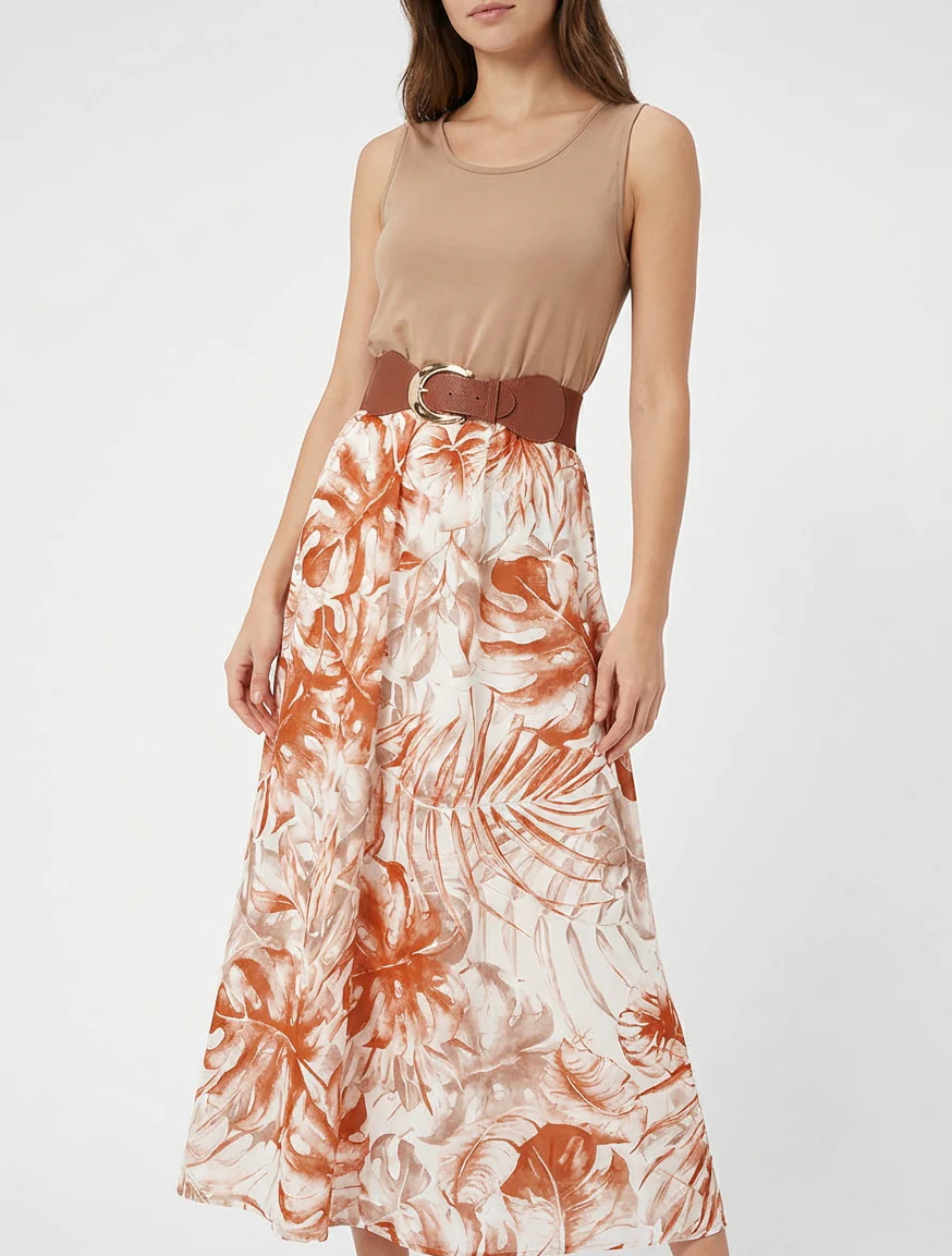Lange jurk met bladprint rok - Kameel - Image 4
