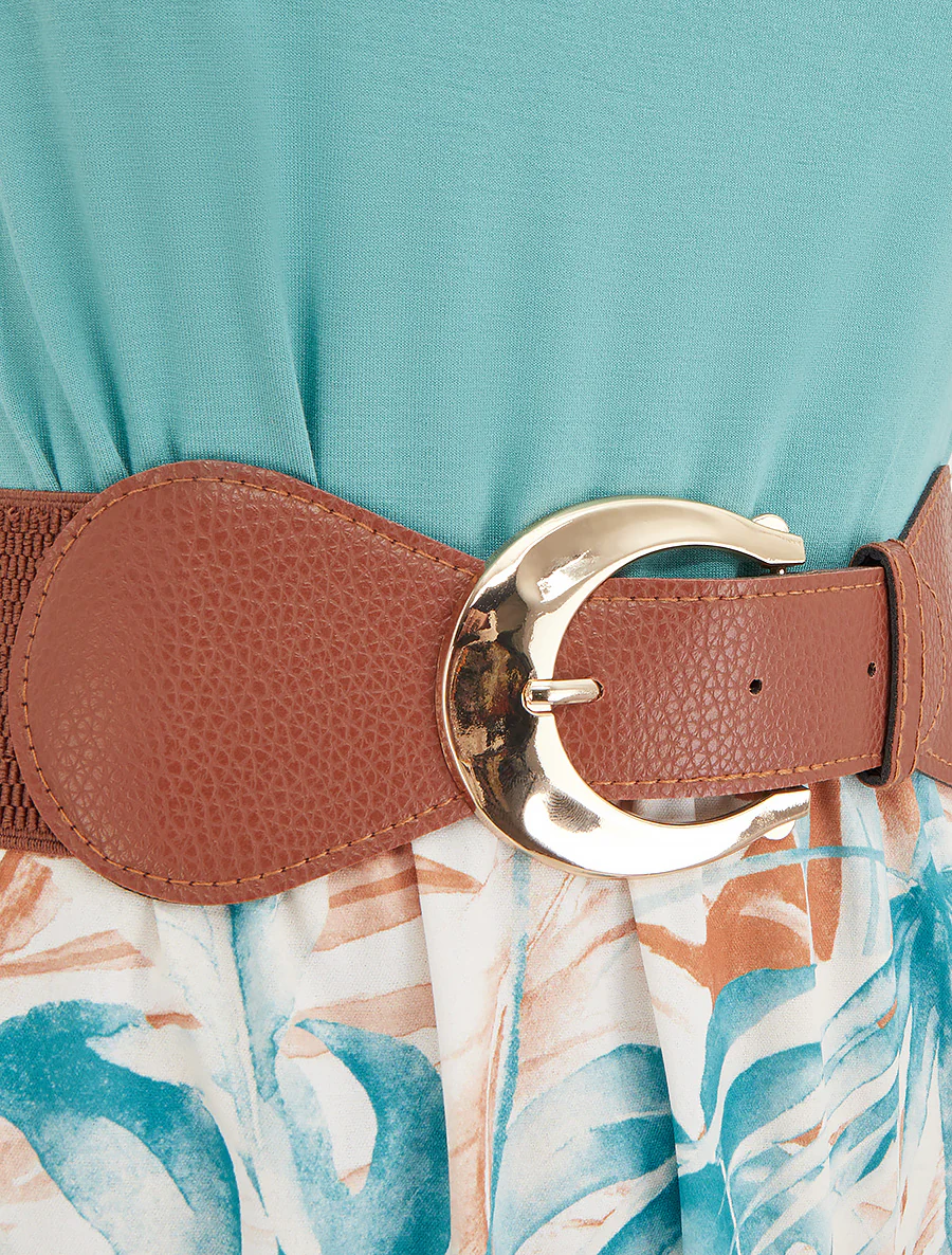 Lange jurk met bladprint rok - Turkoois - Image 3