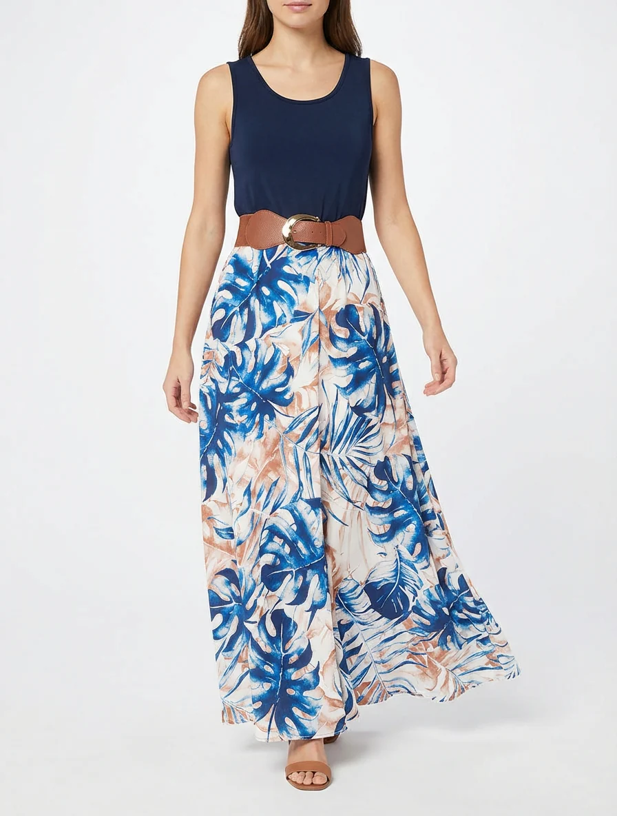Lange jurk met bladprint rok - Marine - Image 4