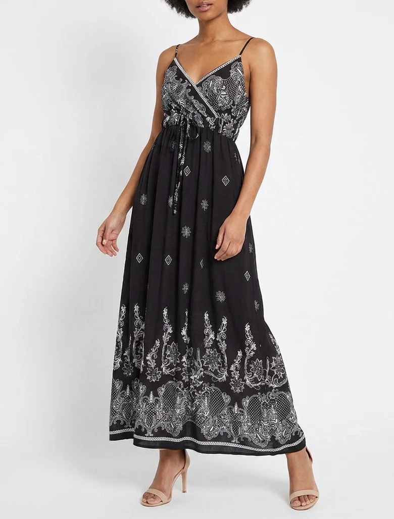 Lange jurk met bloemen arabeskenprint - Zwart - Image 4