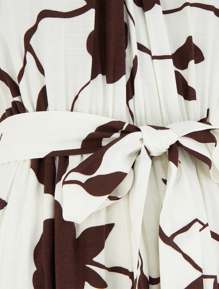 Lange jurk met bloemenprint en elastiek - Bruin - Image 3