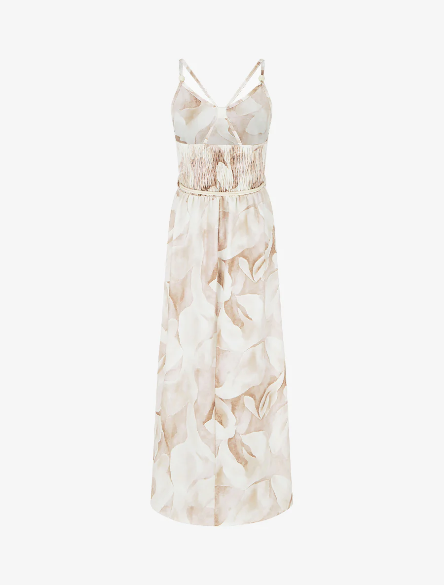 Lange jurk met bloemenprint en elastische taille - Beige - Image 2