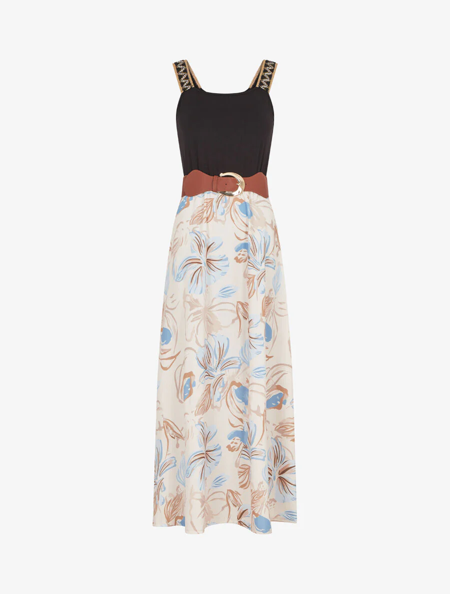 Lange jurk met bloemenprint en geborduurde bandjes - Beige