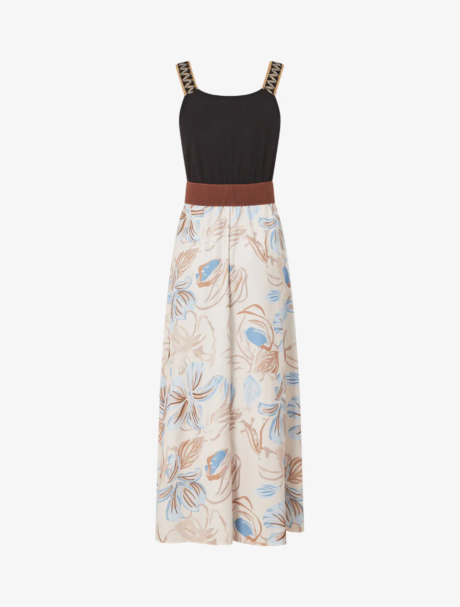 Lange jurk met bloemenprint en geborduurde bandjes - Beige - Image 2