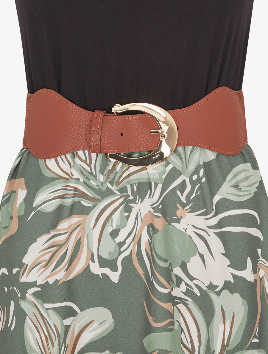 Lange jurk met bloemenprint en geborduurde bandjes - Kakigroen - Image 3