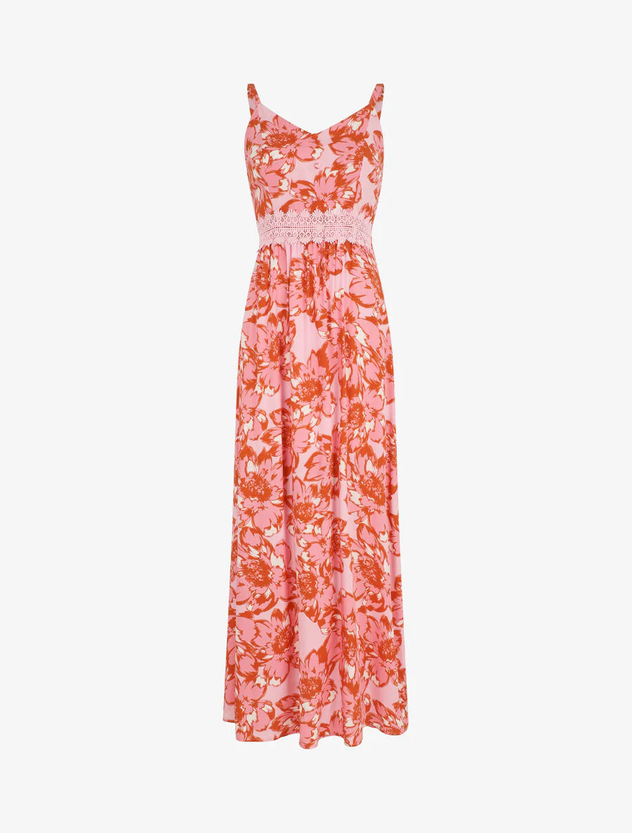 Lange jurk met bloemenprint en kant - rood