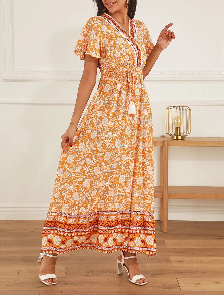 Lange jurk met bloemenprint en mouwen met ruches - oranje - Image 4