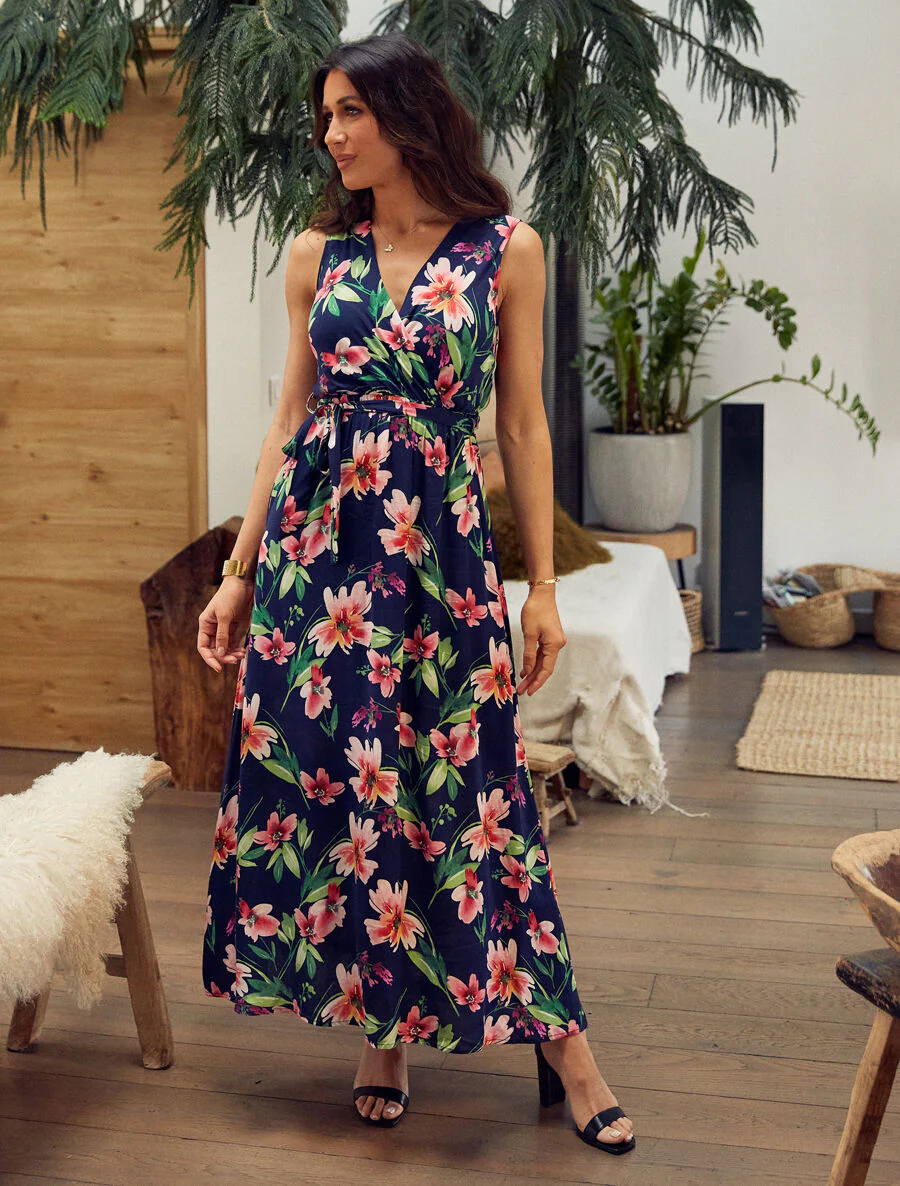 Lange jurk met bloemenprint - Marineblauw - Image 4