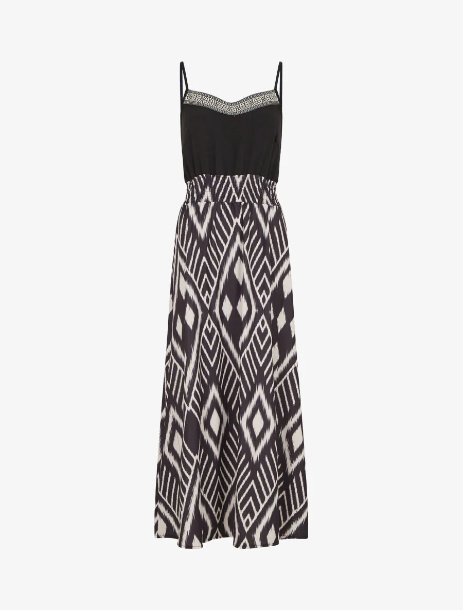 Lange jurk met dunne bandjes en grafische print - zwart