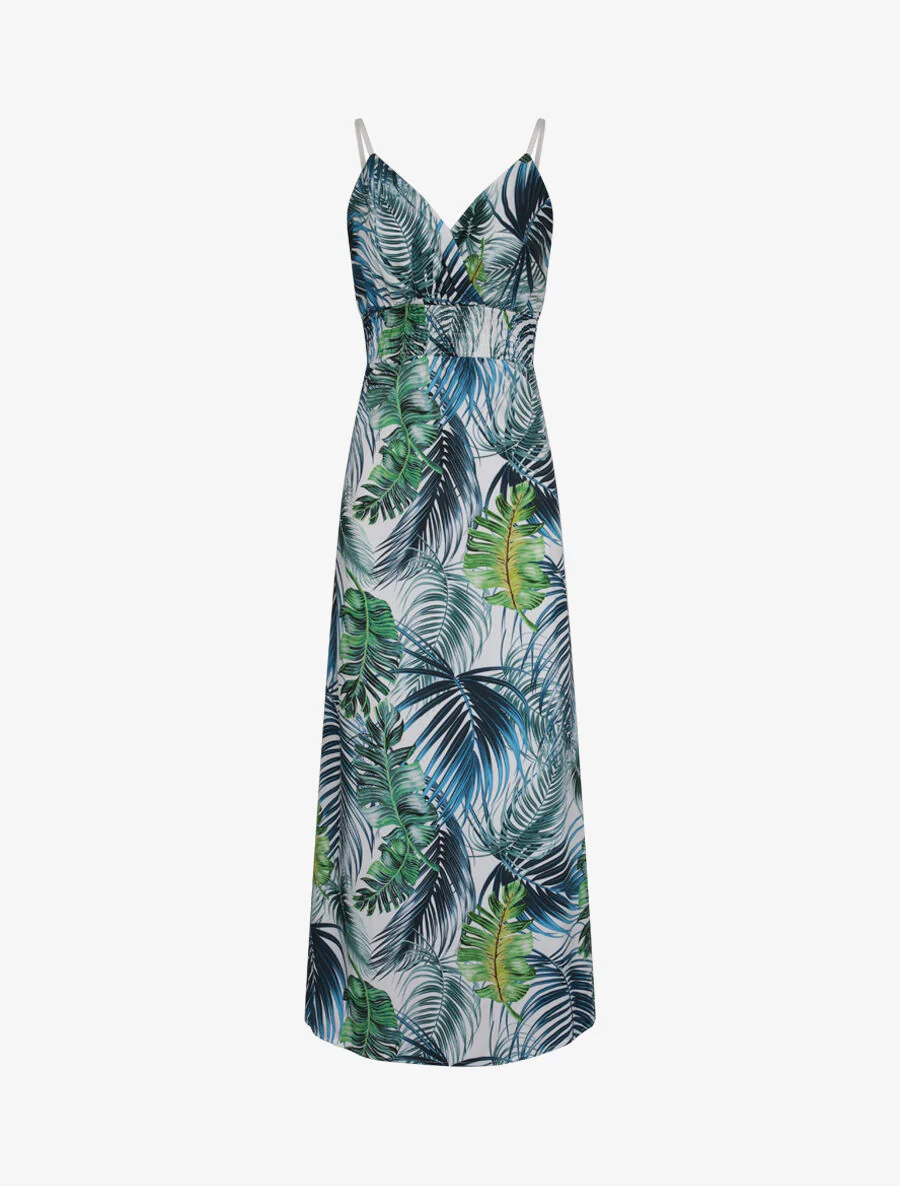 Lange jurk met een hartvormige halslijn met tropische bloemenprint - Wit