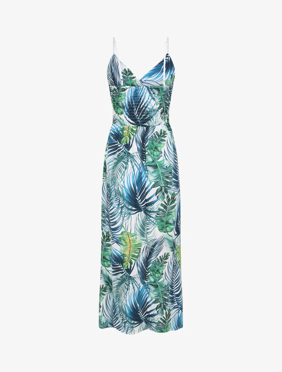 Lange jurk met een hartvormige halslijn met tropische bloemenprint - Wit - Image 2